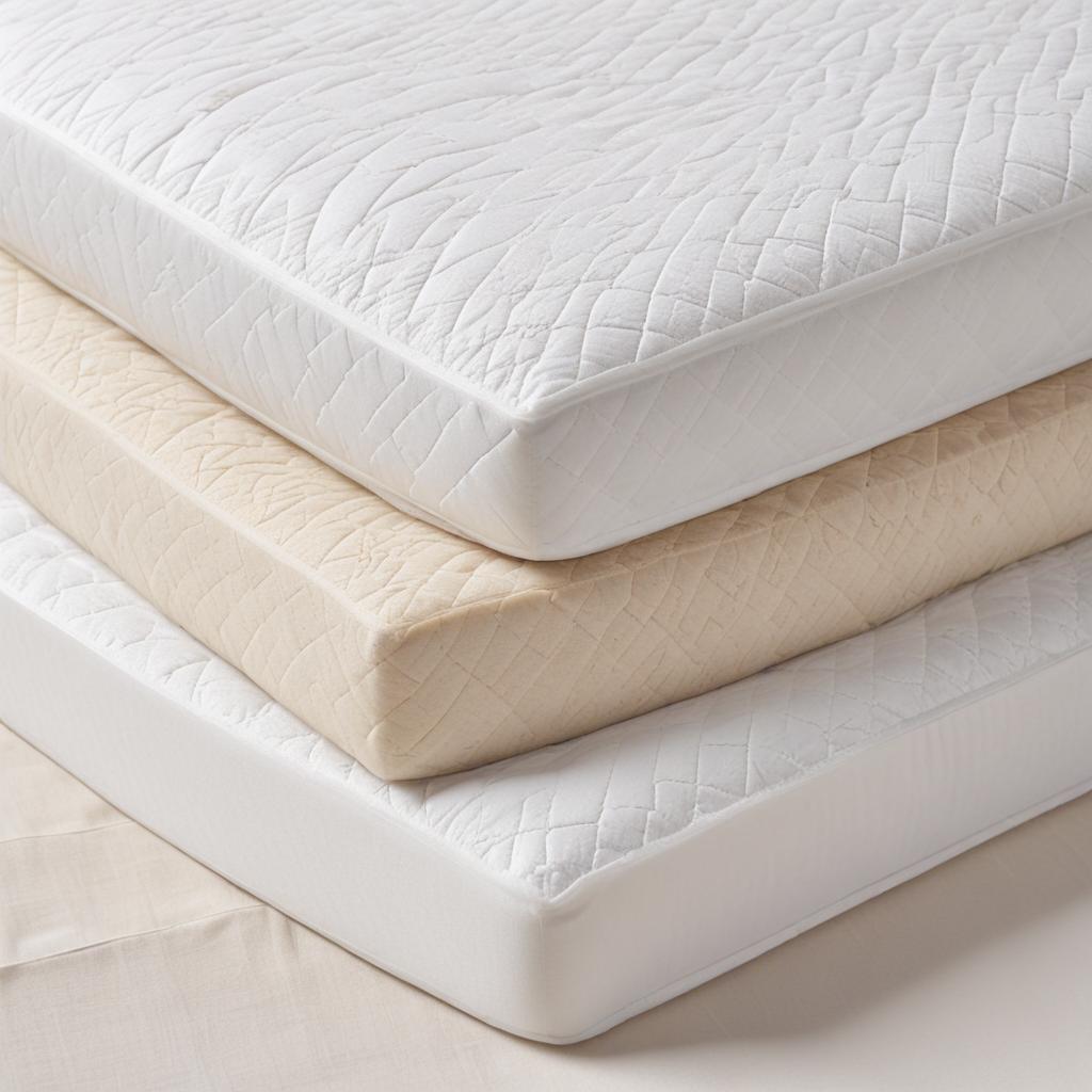 Три образца материалов наматрасников - бамбук, тенсел и мериносовая шерсть - расположены рядом для сравнения