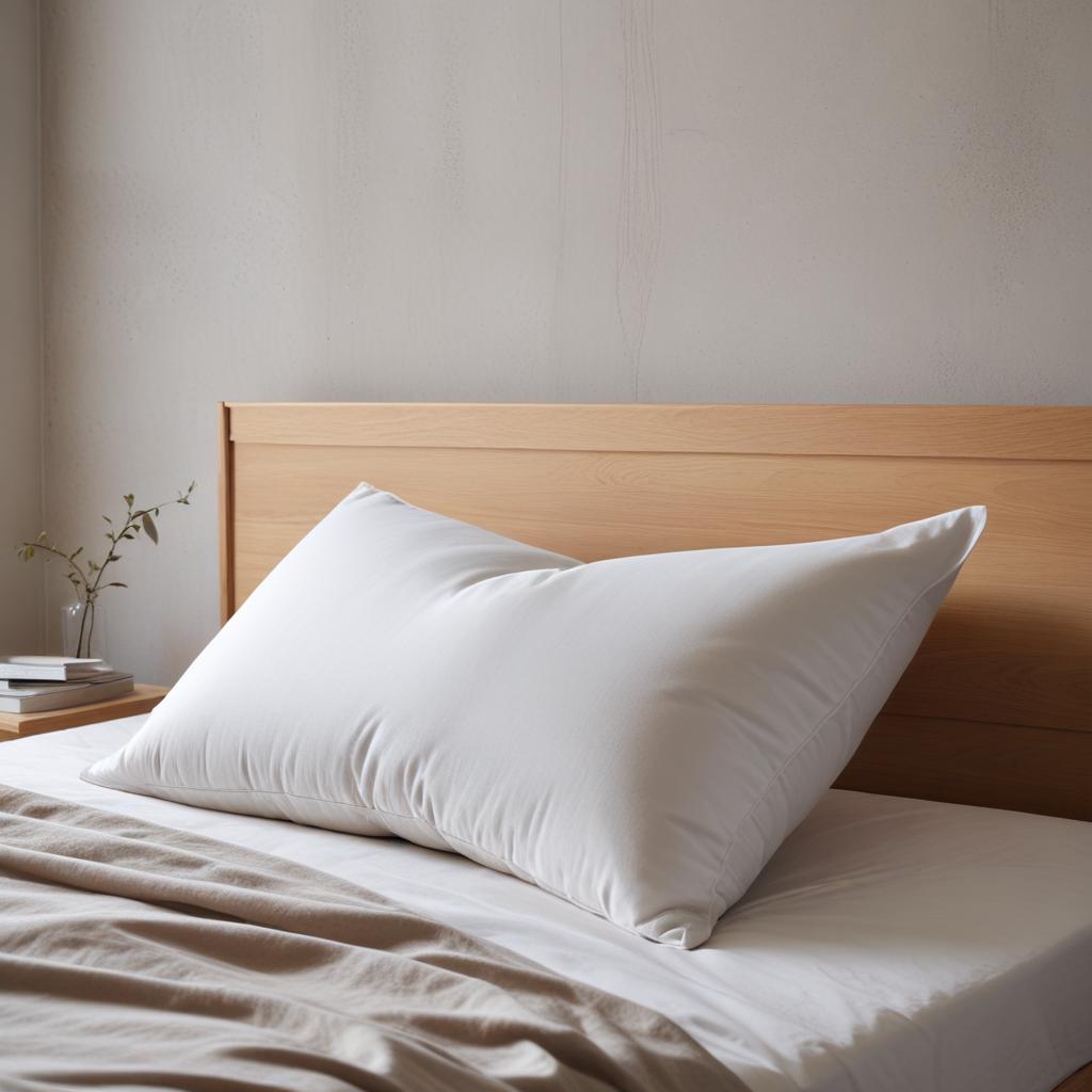 Пуховая подушка M&uuml;hldorfer на светлой кровати в скандинавском интерьере с бетонной стеной
