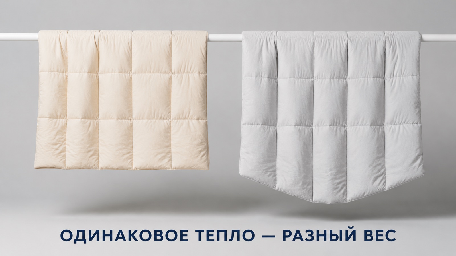 Два одеяла одинаковой теплоты на рейке: овечье заметно провисает под собственным весом