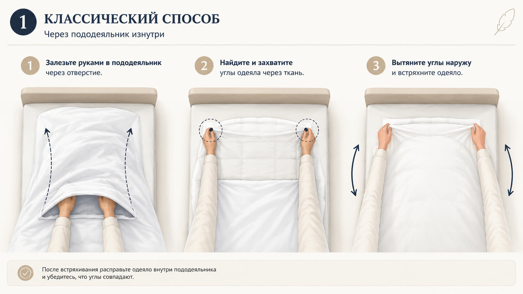 Классический способ заправить одеяло в пододеяльник